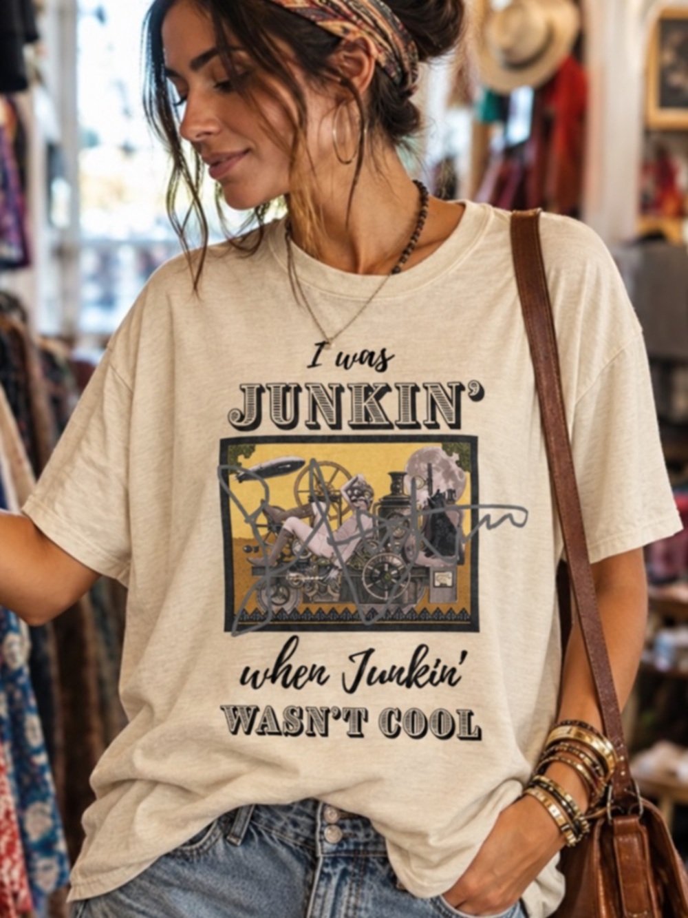 Comfort Colors Beige 'I Was Junkin'' Graphic Short Sleeve Tee